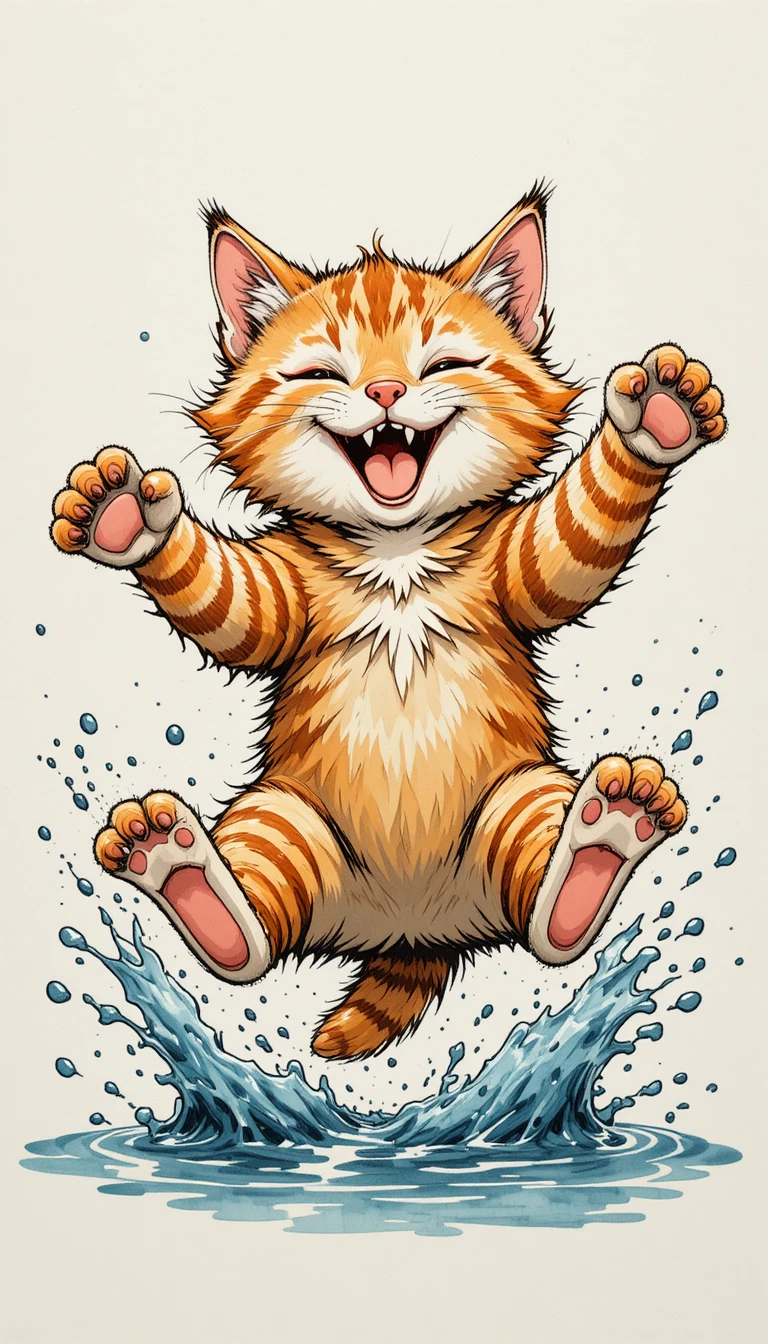 Verspieltes Cartoon-Getigerte-Kätzchen springt durch spritzendes Wasser