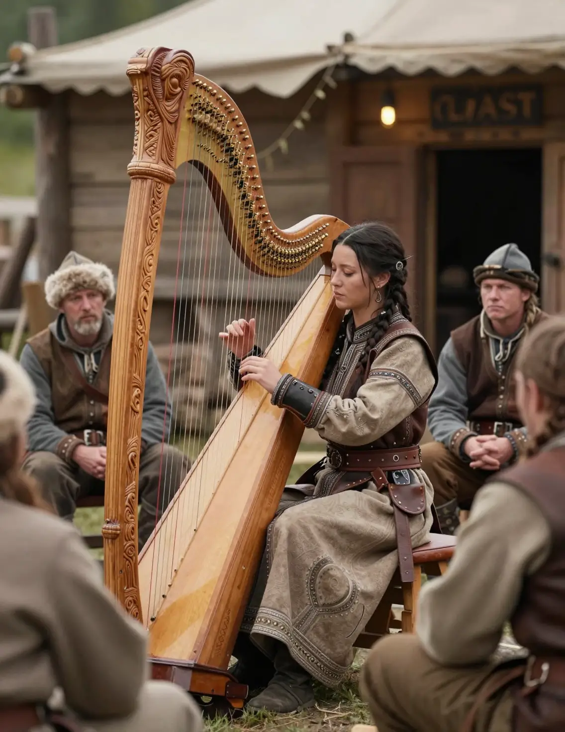 Mongolian woman playing harp in a rustic fantasy tavern