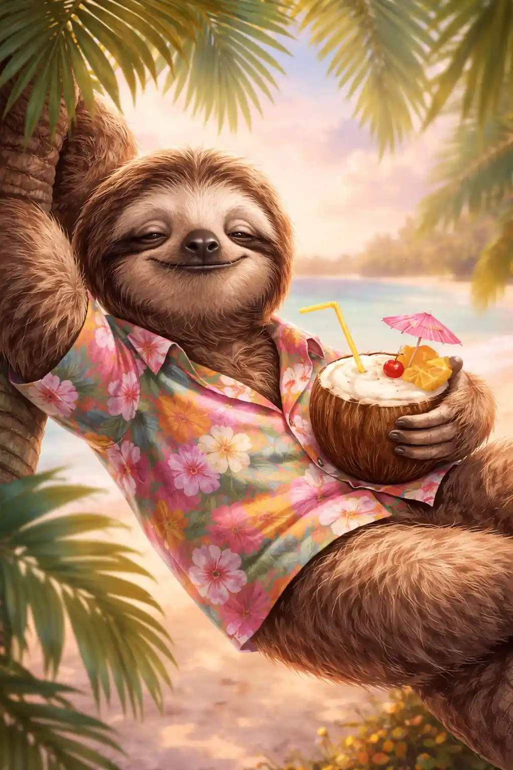 Sleepy sloth sipping piña colada on a pastel tropical beach