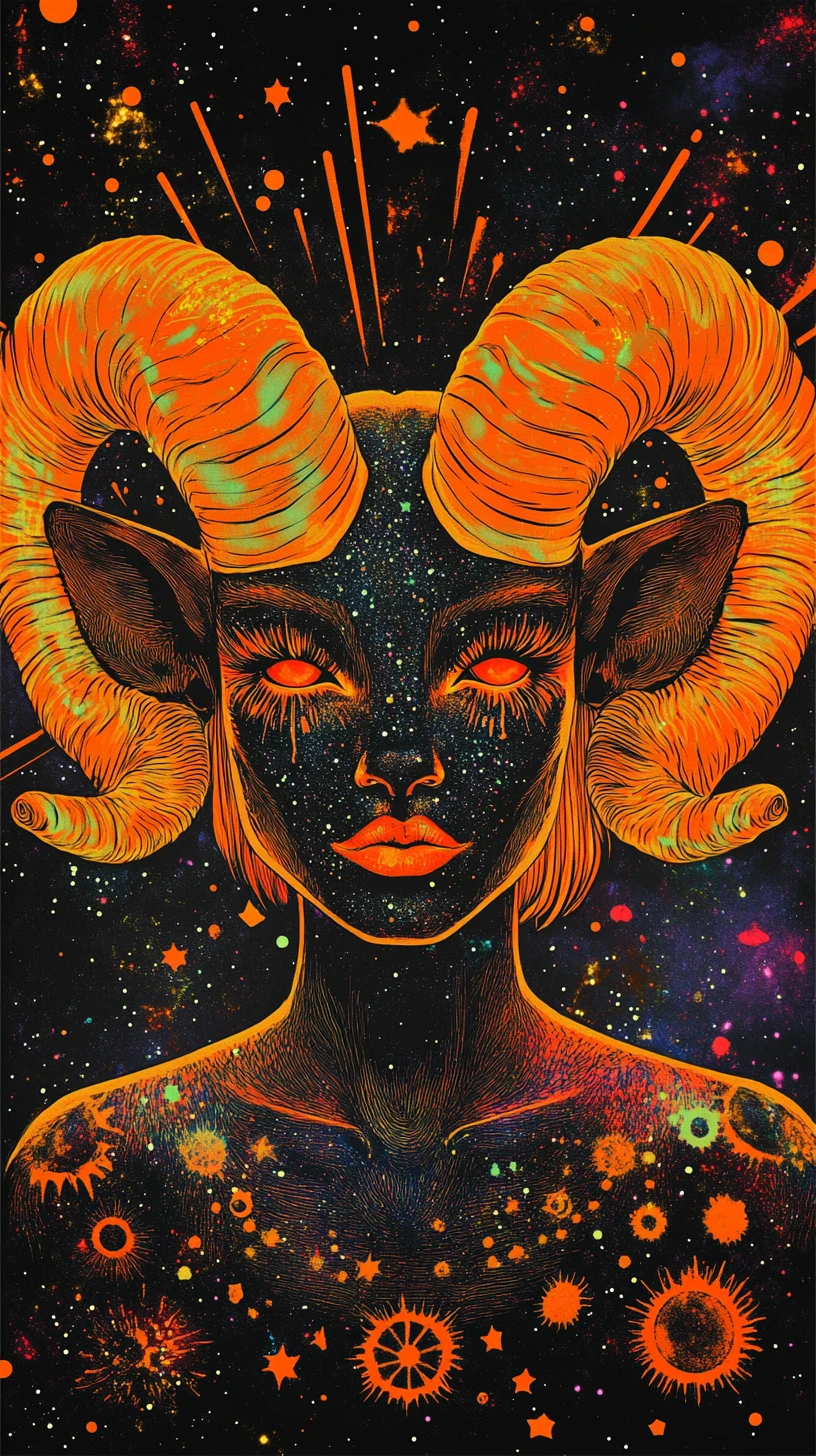 Diva ariete antropomorfa con corna infuocate nello spazio cosmico