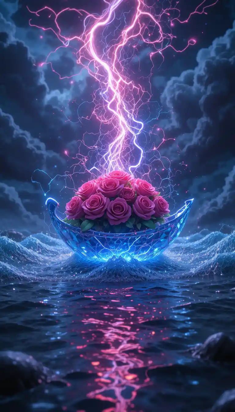 Pulsating Electromagnetic Storm Around Crystal Boat With Roses