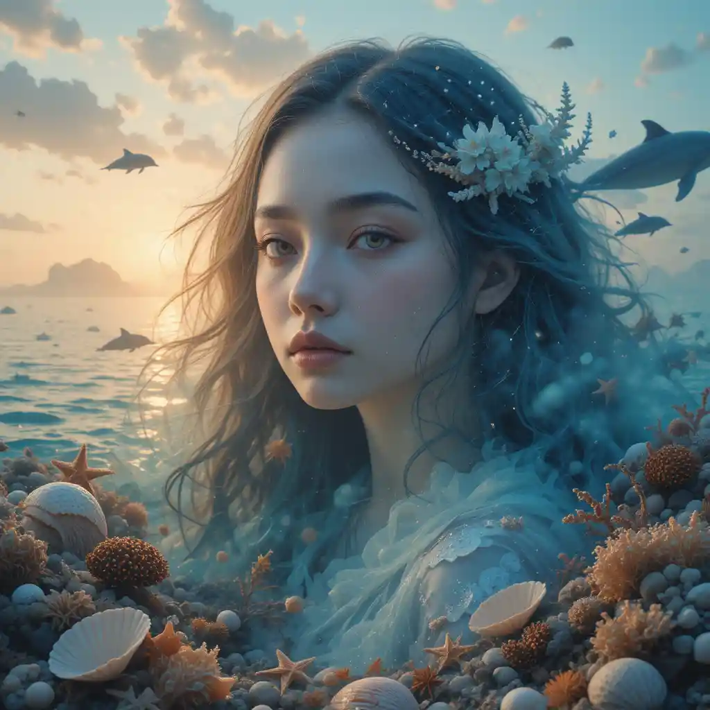 Surreal Woman Face Blending With Tranquil Ocean At Sunset