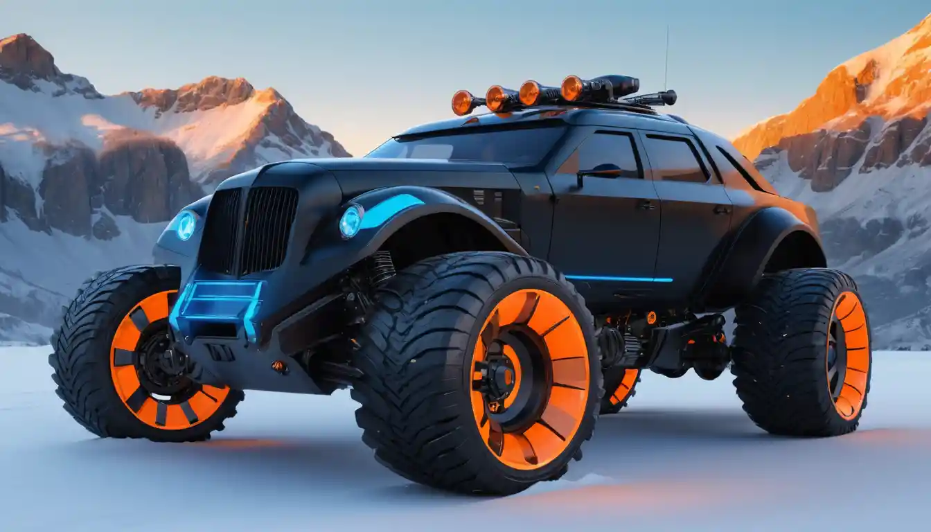 Futuristic armored hot rod in snowy mountain sunset
