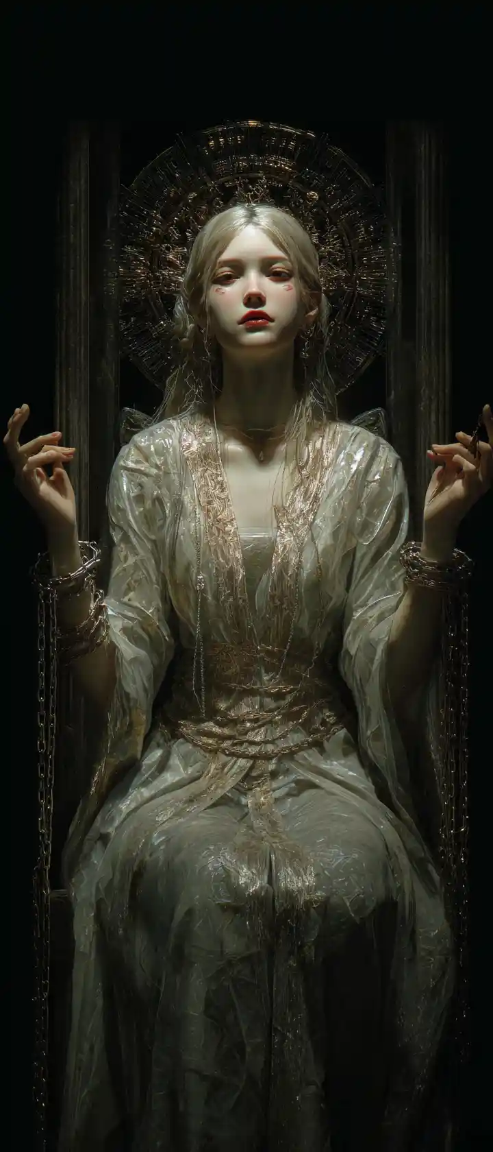 Chained royal maiden glowing softly in a dark dungeon