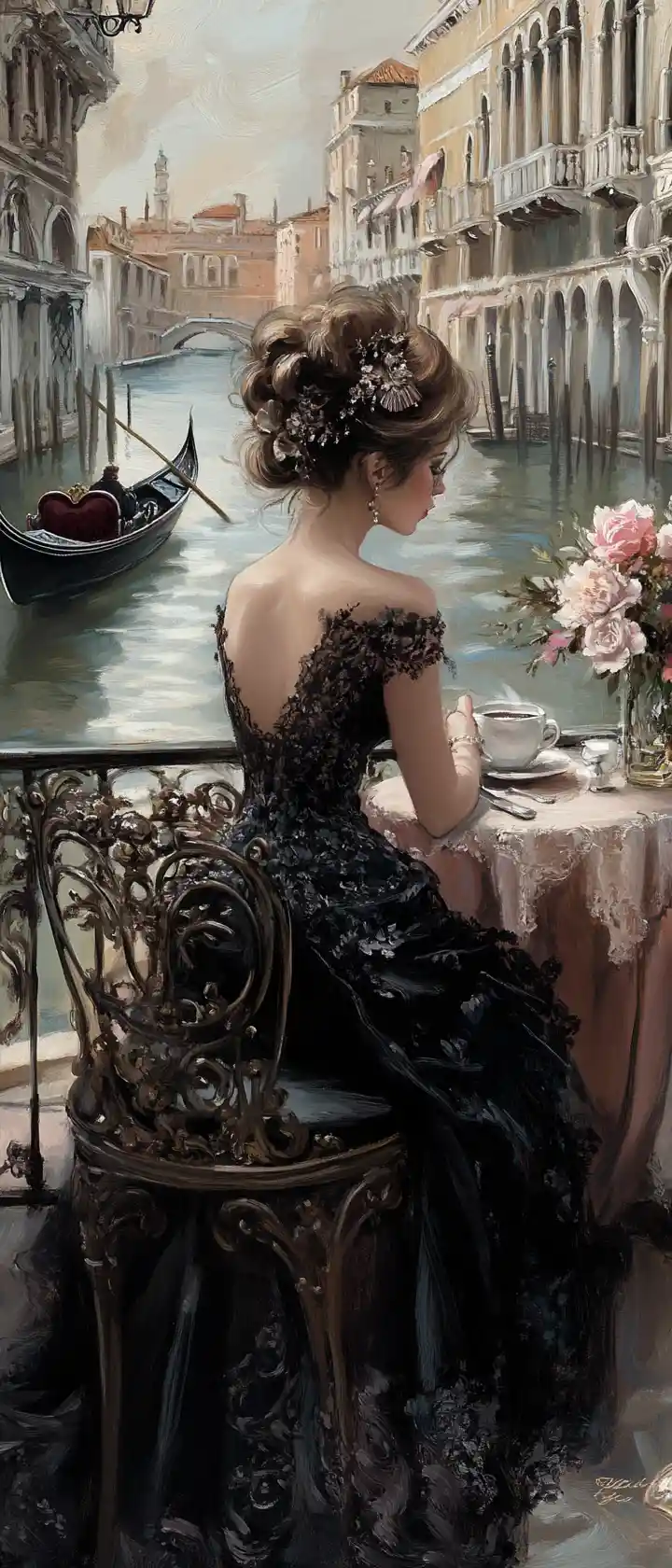 Elegante Frau im schwarzen Kleid im Café am venezianischen Kanal