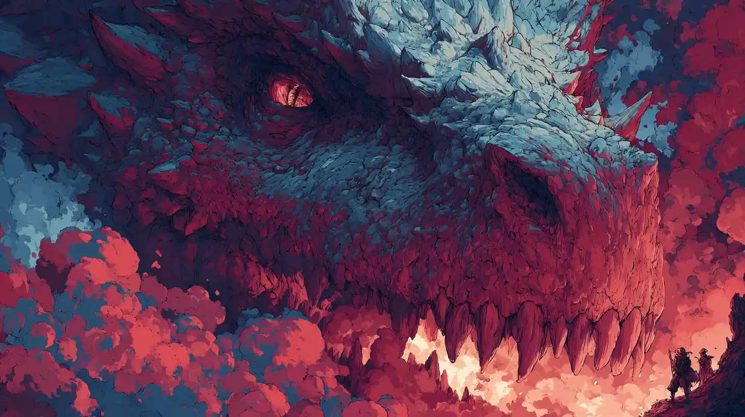 Antica testa di drago che ruggisce dalla caverna contro cacciatori senza paura