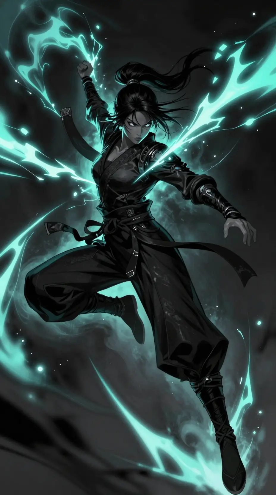 Black female ninja warrior leaping through neon electric energy