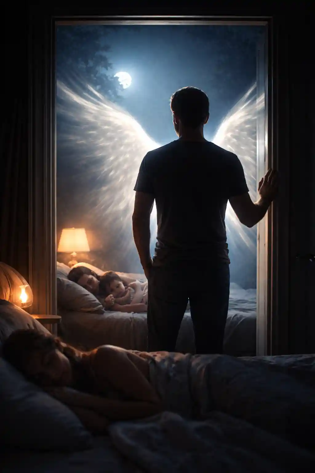 Man in moonlit doorway watching his sleeping family