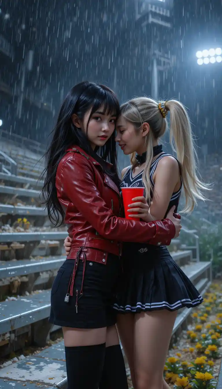 Ragazza goth che flirta con cheerleader sotto le tribune in una notte di pioggia