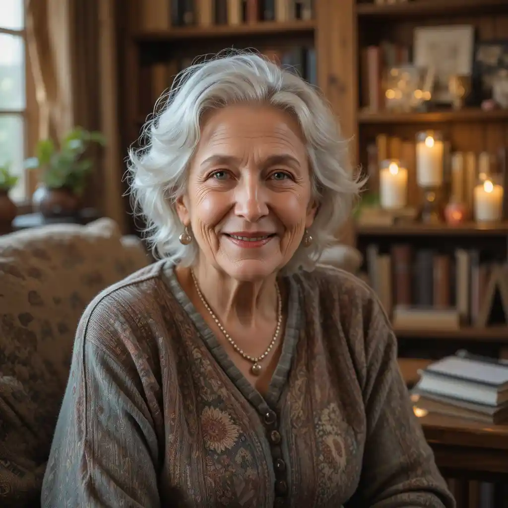 Kind older woman smiling warmly in a cozy living room