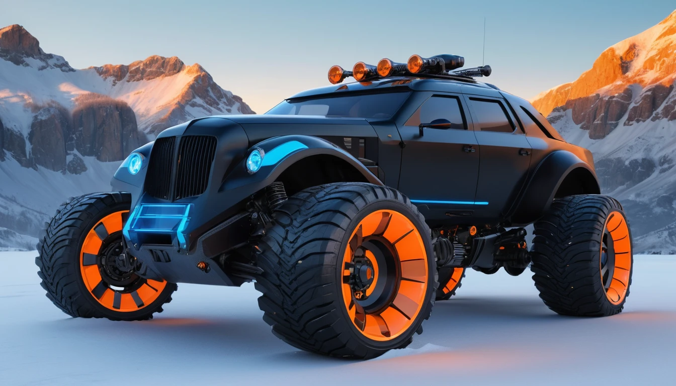 Futuristischer gepanzerter Hot Rod im verschneiten Bergsonnenuntergang