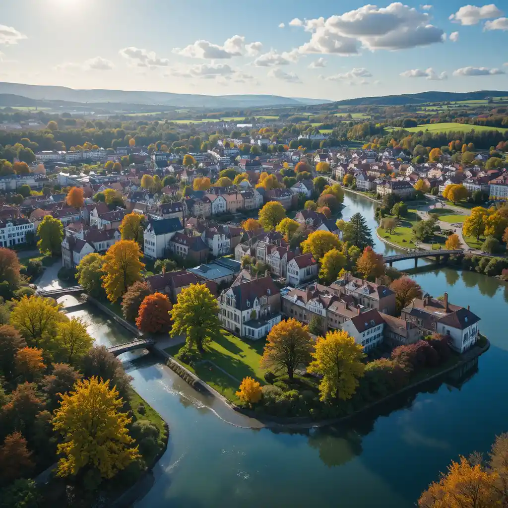 Sunny baroque riverside city with colorful autumn park