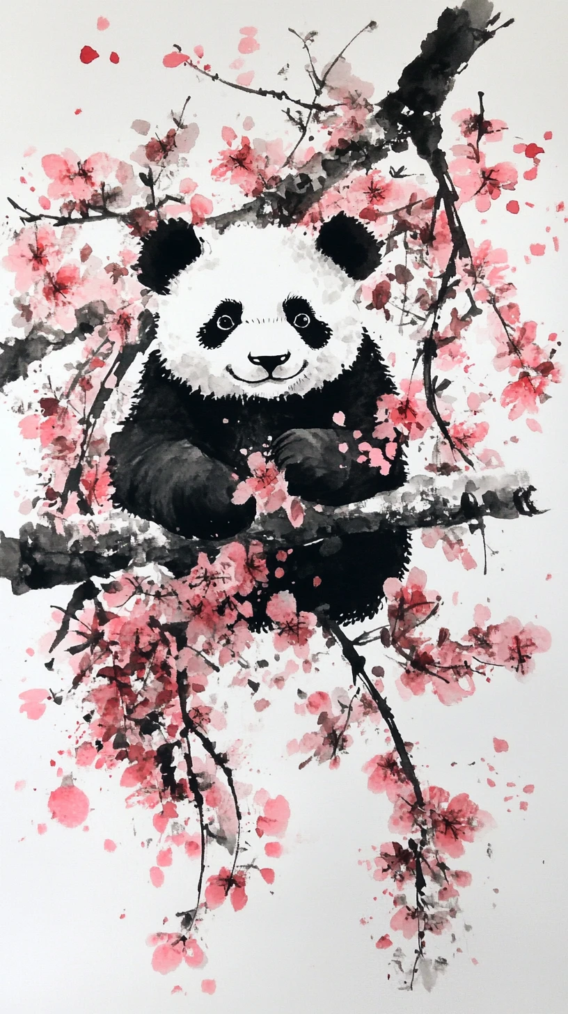 Dipinto a inchiostro di un panda tra delicate fioriture di ciliegio rosa