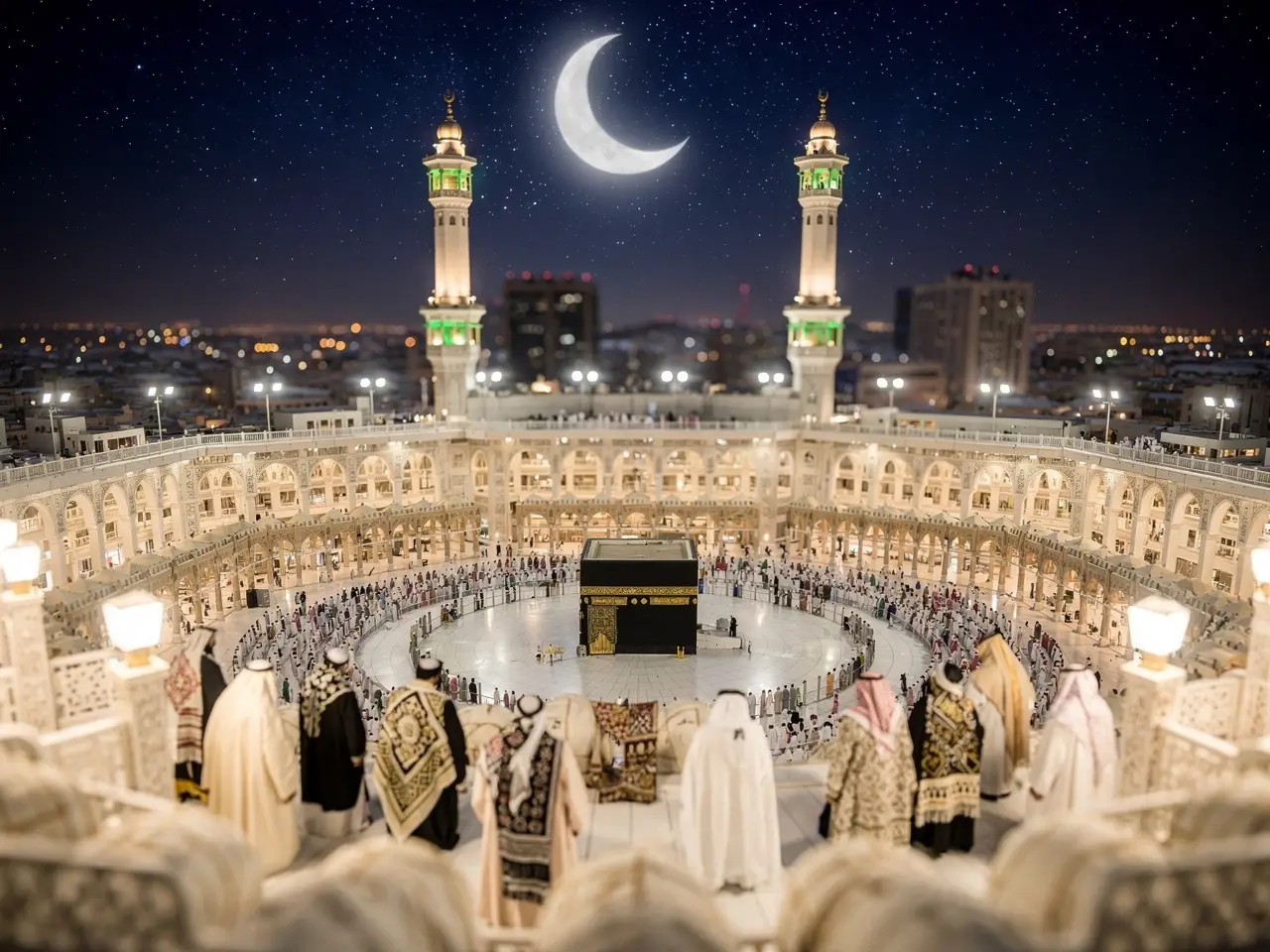 Vista notturna sacra della Masjid al-Haram sotto le stelle e la luna crescente