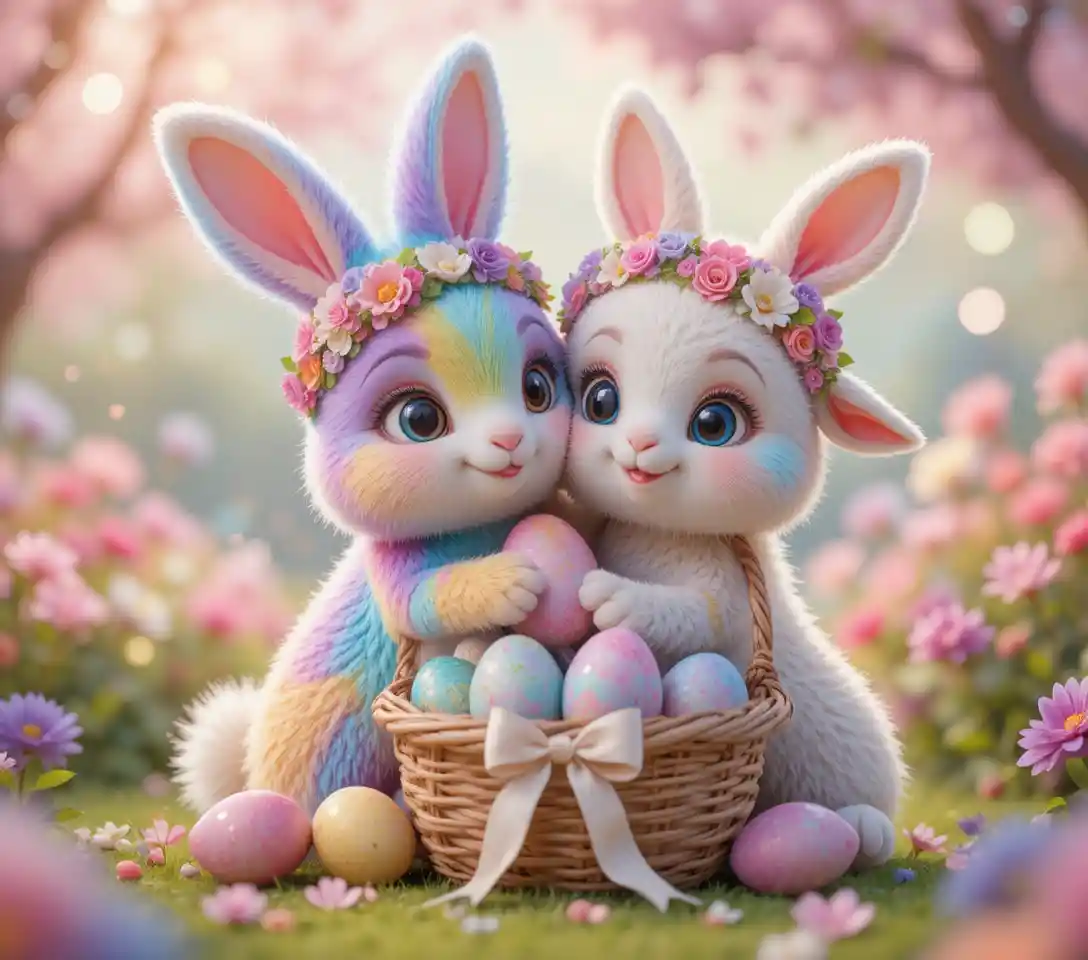 Pastel rainbow rabbit and lamb hugging in floral garden