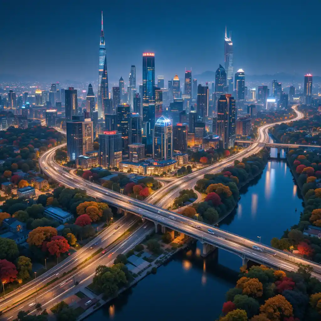 Lebendige moderne Stadtsilhouette mit Flussufern und Autobahnen bei Nacht