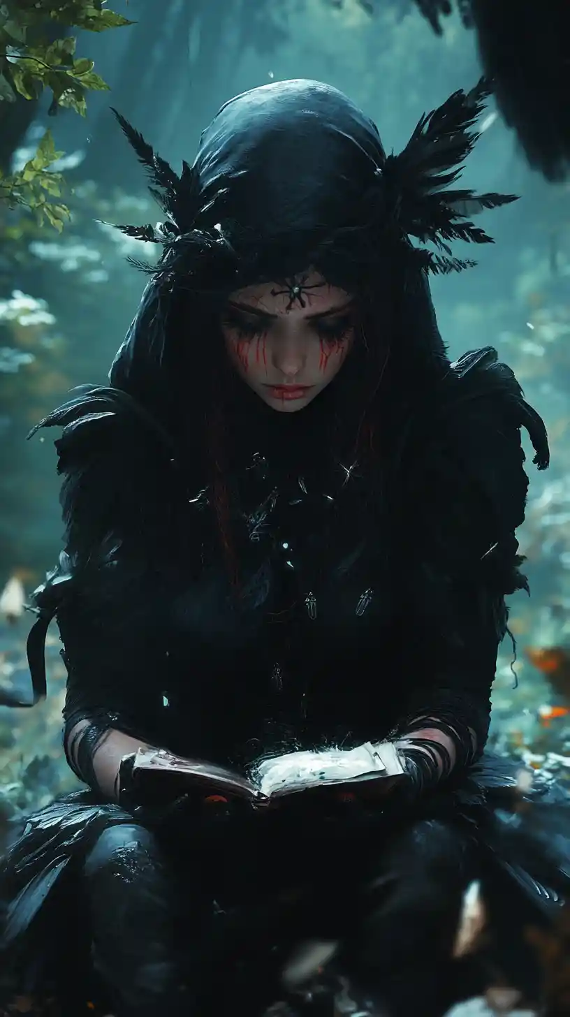 Crying witch clutching blood money before a divine being
