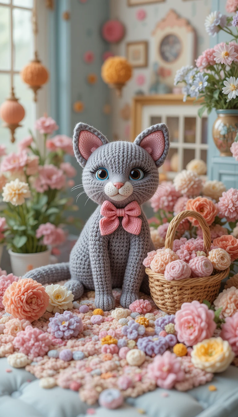 Chat gris tricoté avec nœud en dentelle parmi des fleurs en fil