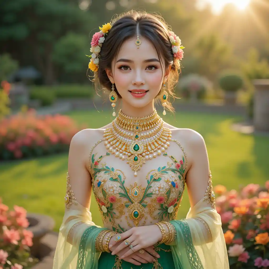 Joyful Thai woman in ornate traditional dress in floral garden