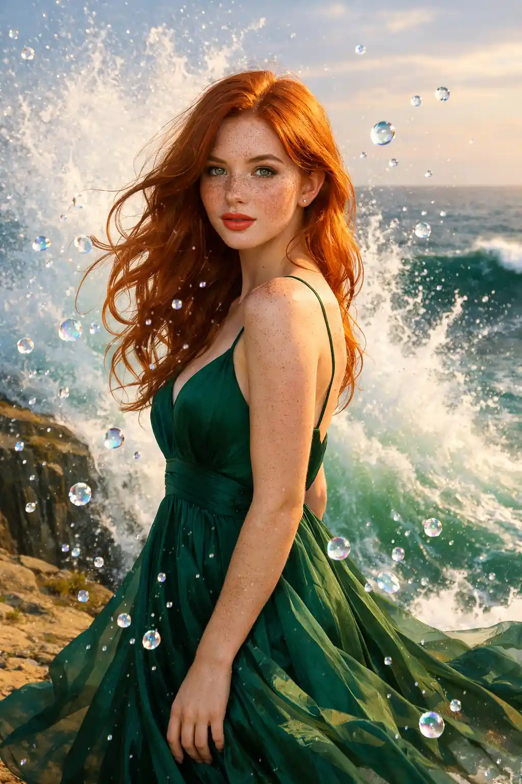 Ragazza adolescente dai capelli rossi in abito verde su una scogliera sul mare