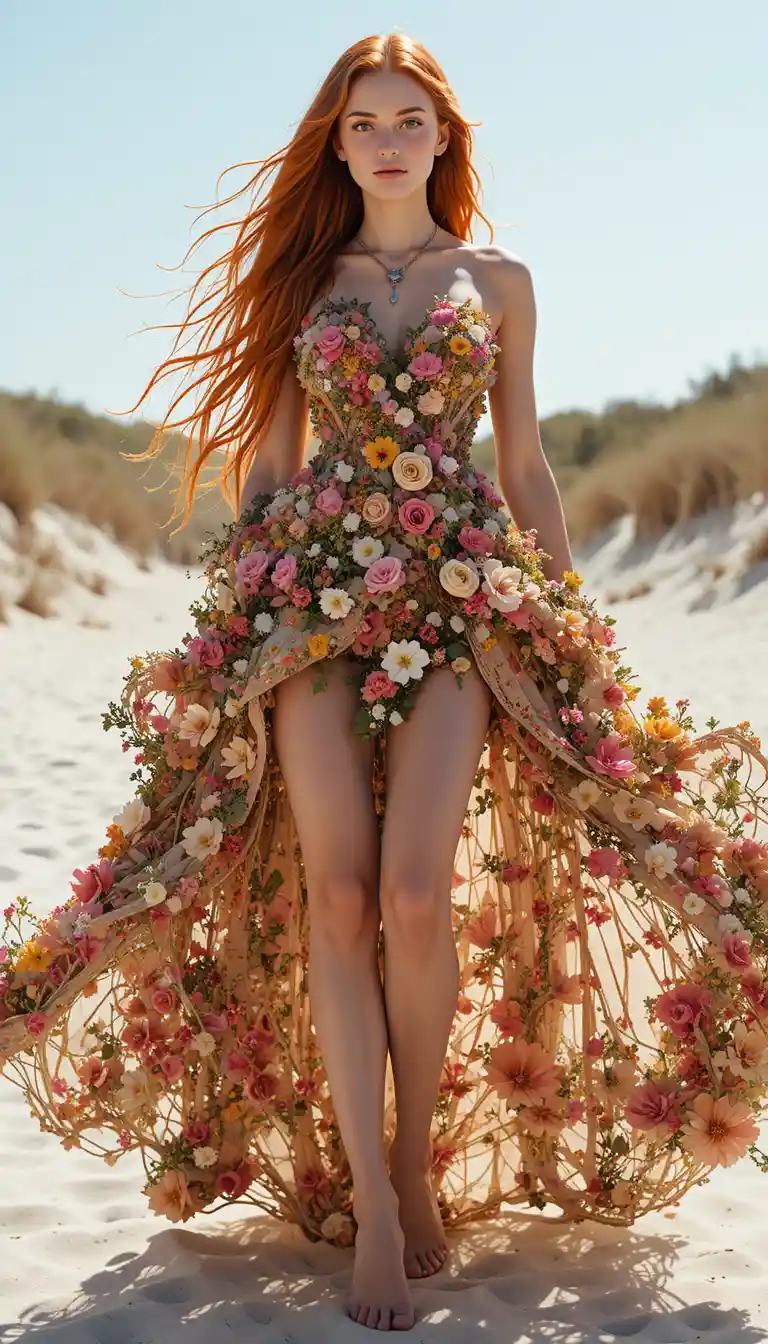 Woman In Live Flower Dress On White Sand Beach