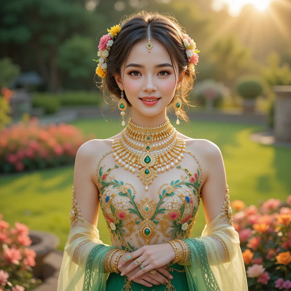 Joyful Thai woman in ornate traditional dress in floral garden