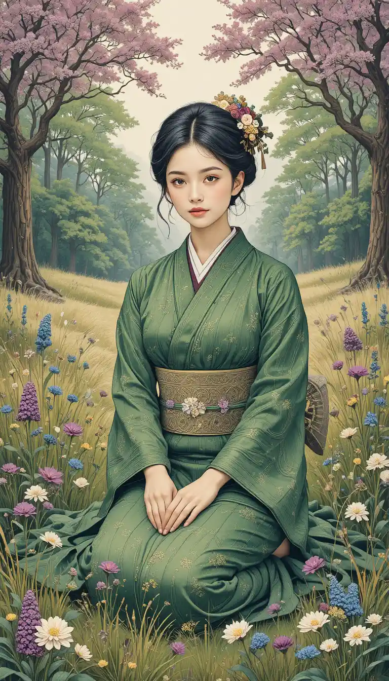 Young woman kneeling in kimono on a sunlit meadow