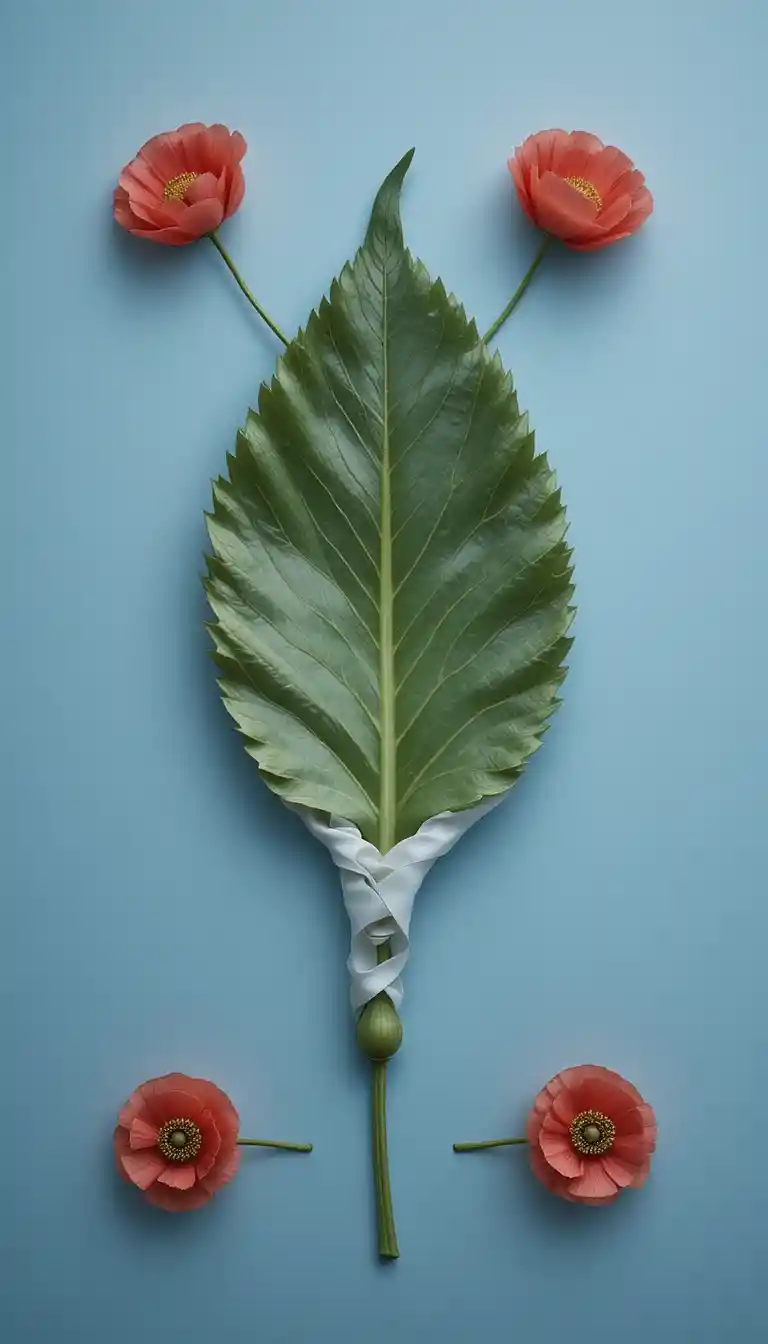 Four corner poppies around a white silk touched leaf