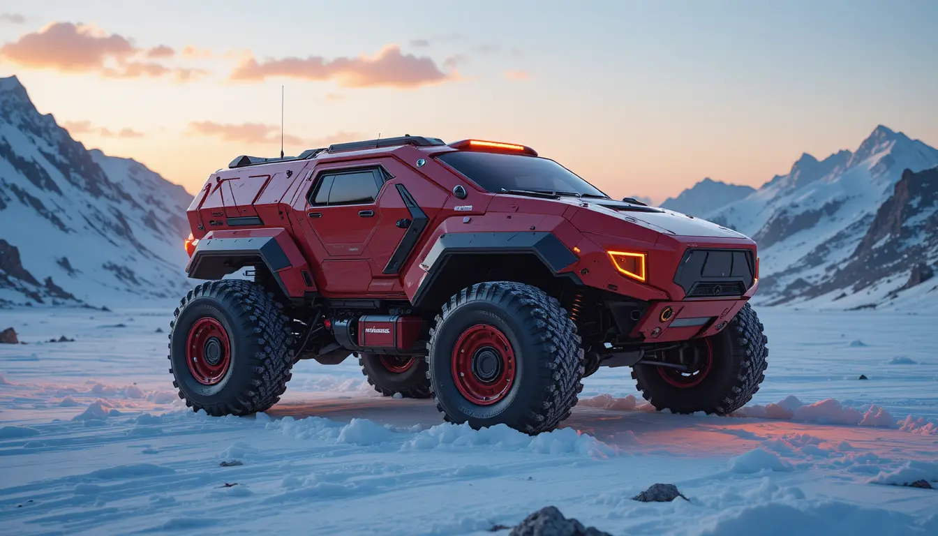 Futuristic crimson armored vehicle in snowy mountain sunset