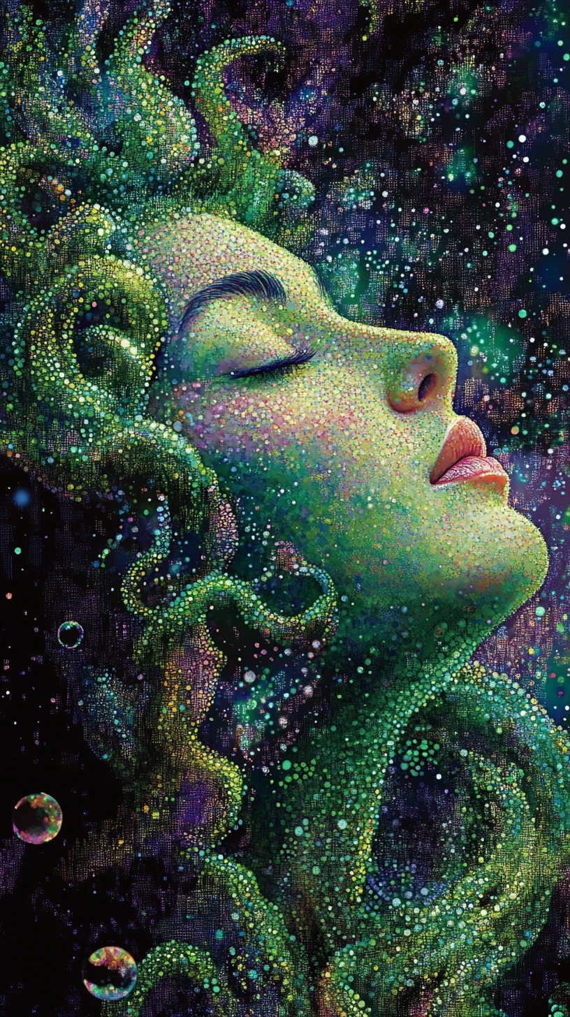 Mistica donna gorgone color lime in ritratto fantasy puntinista