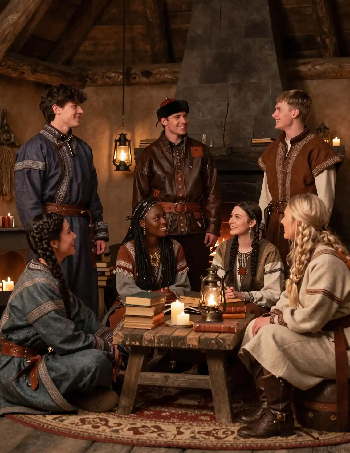 Amici fantasy diversi che si rilassano in una stanza rustica illuminata da candele
