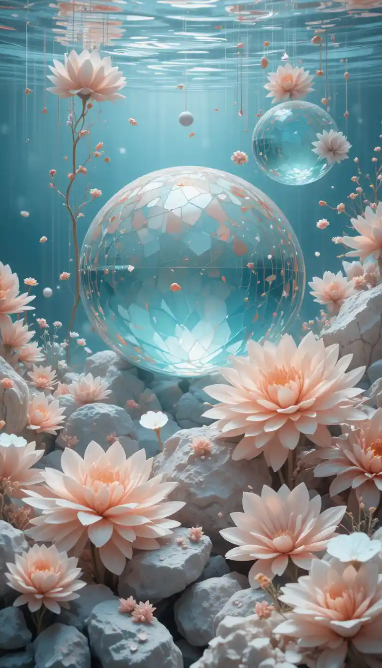 Surreal underwater crystal spheres in soft pastel abstraction