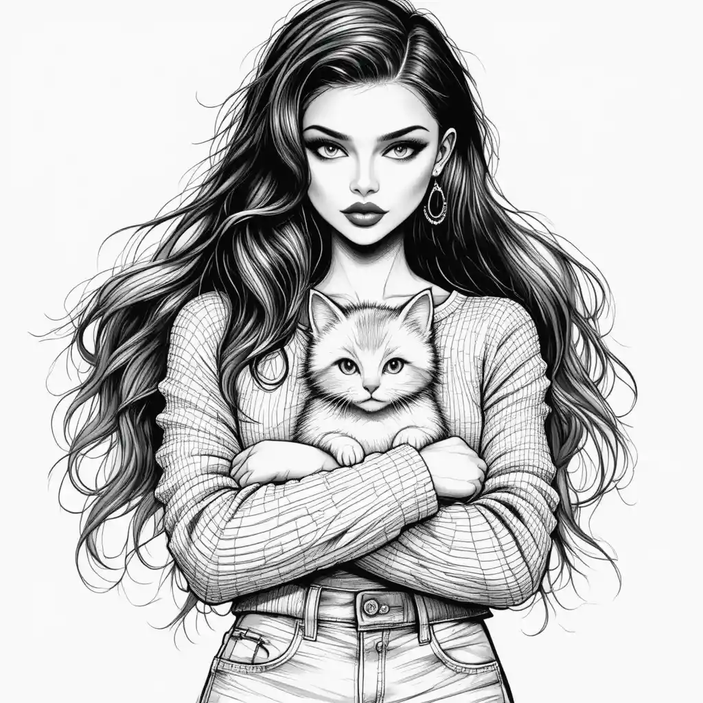 Young woman in pencil sketch holding a fluffy kitten