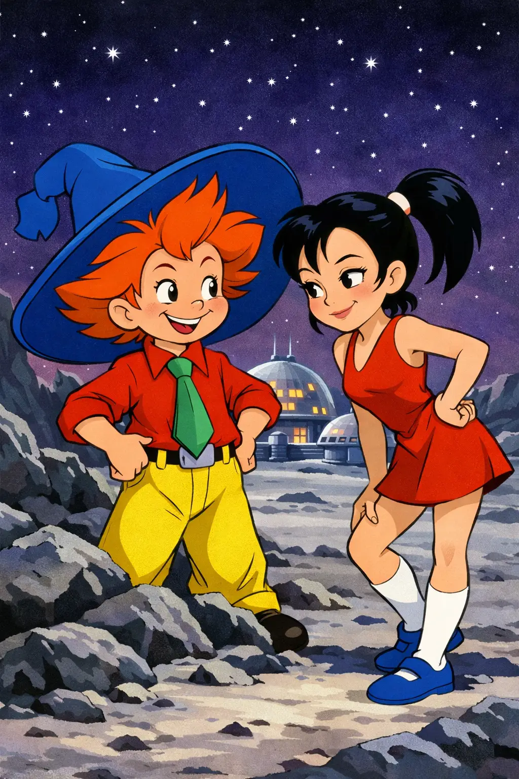 Anime pair on a lunar landscape under a purple starry sky