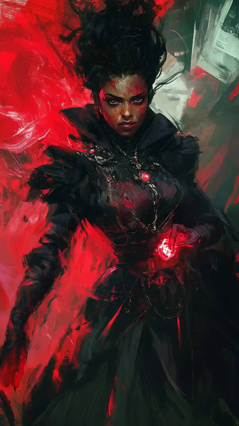 Crying witch clutching blood money before a divine being