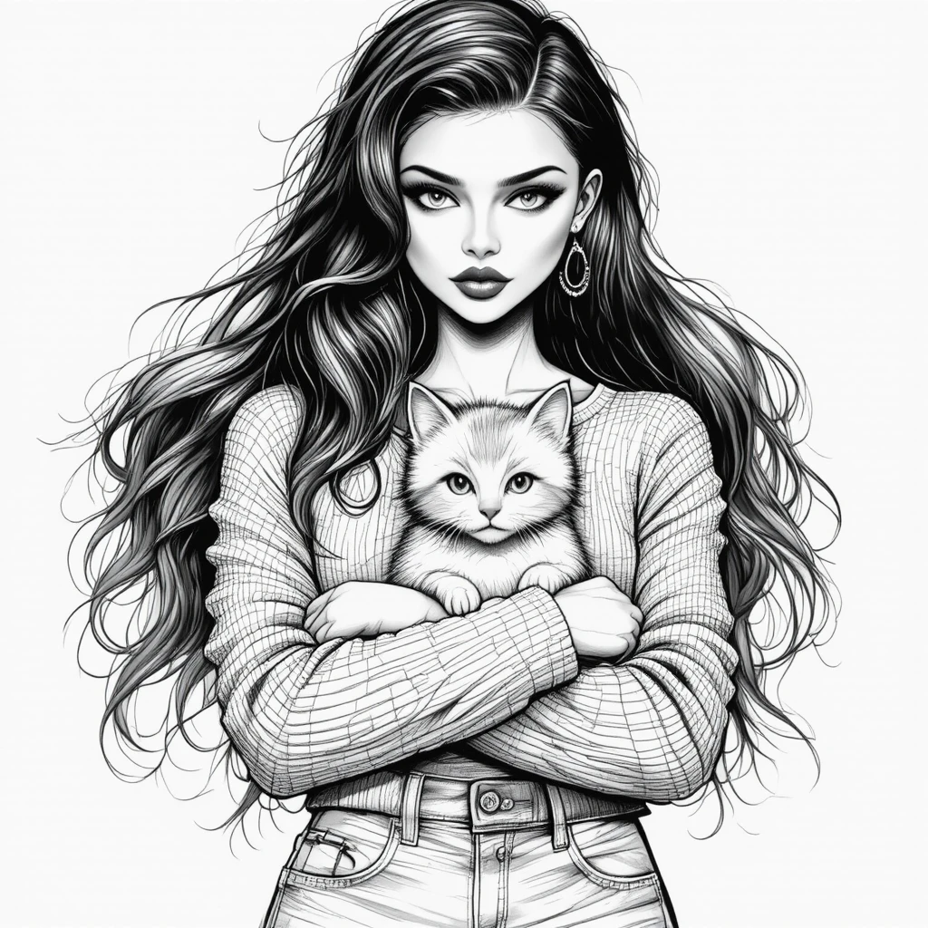 Young woman in pencil sketch holding a fluffy kitten