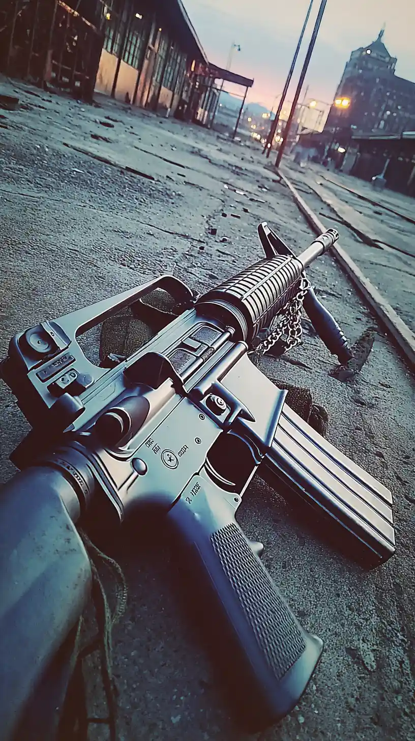 Rapper holding a rifle on his lap in the hood