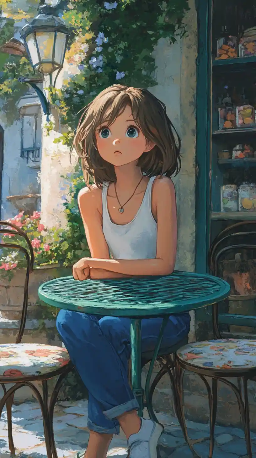 Girl sitting at a green table in a cozy outdoor cafe
