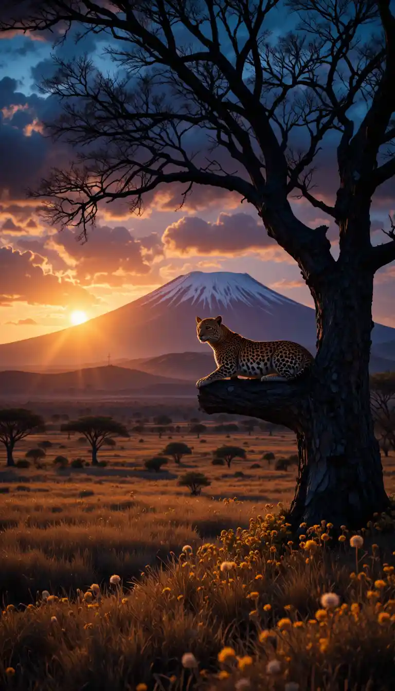 Alert leopard resting on a high acacia tree at night