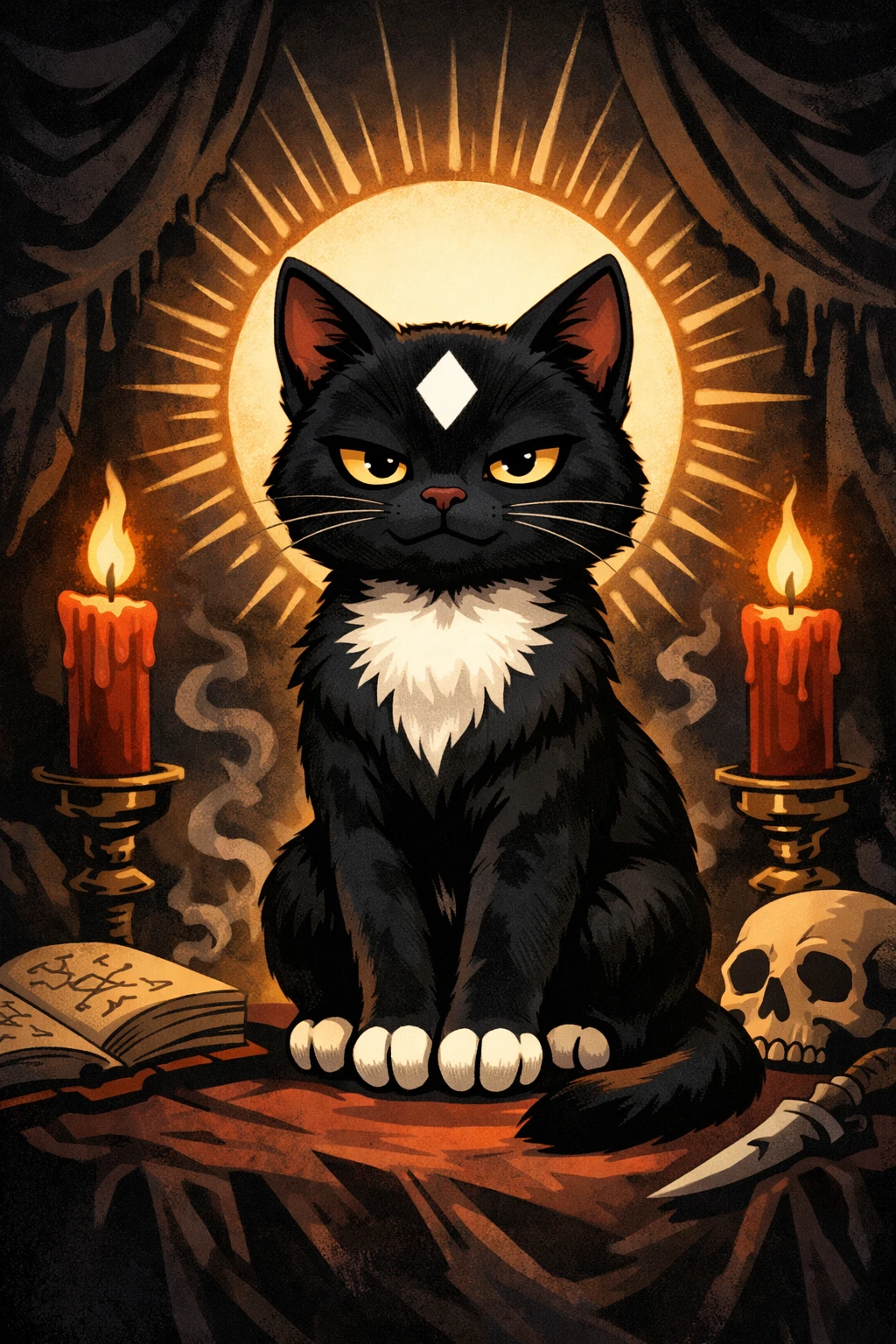 Schwarze Katze mit weißer Rautenzeichnung im dramatischen Cartoon-Stil