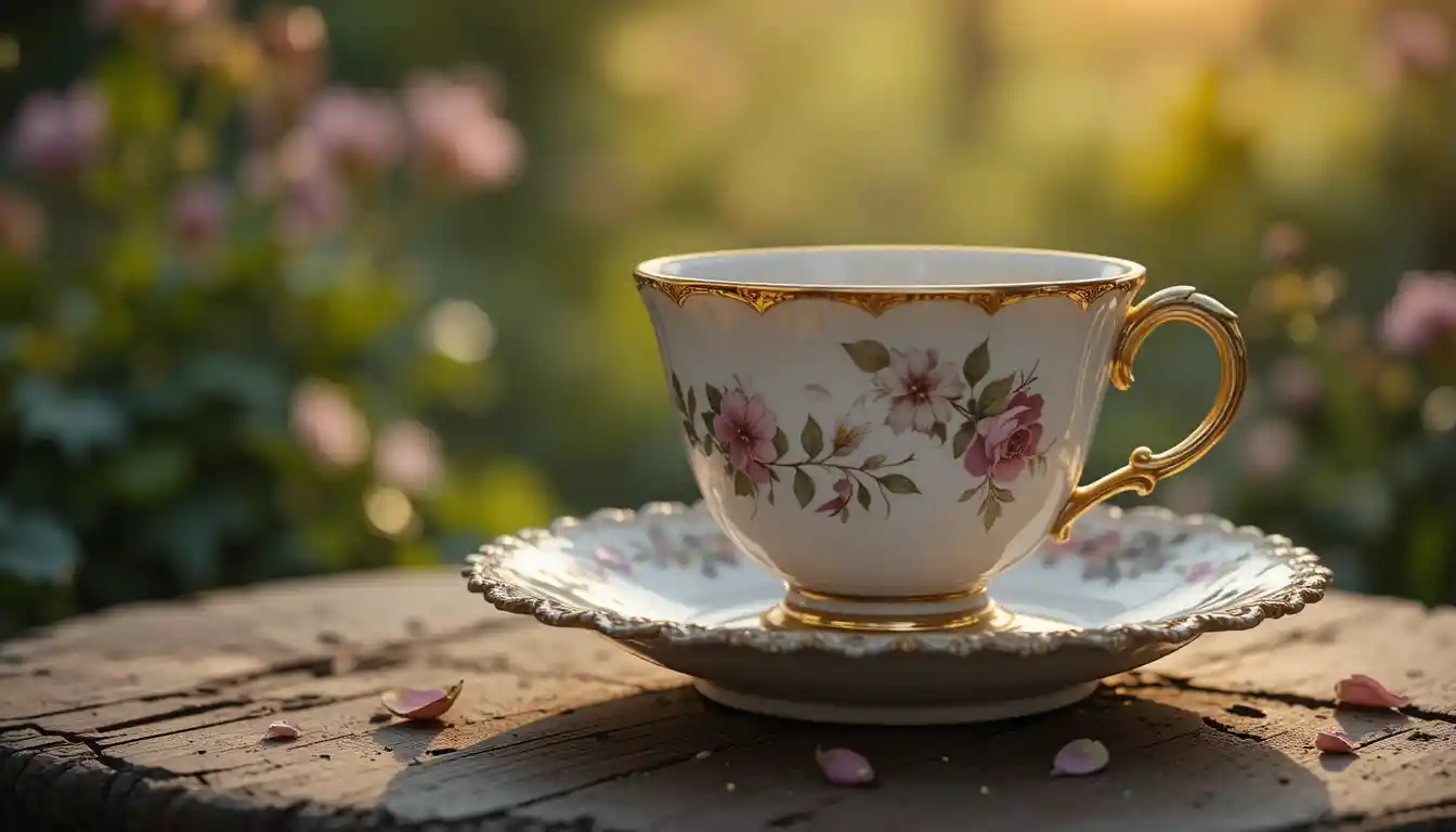Antique porcelain teacup in warm golden garden light