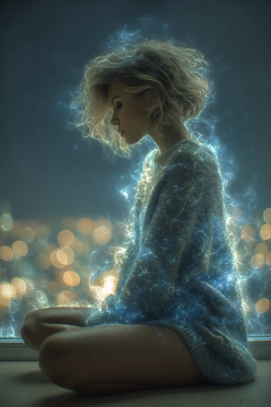 Chica con suéter esponjoso junto a la ventana sobre la ciudad nocturna iluminada