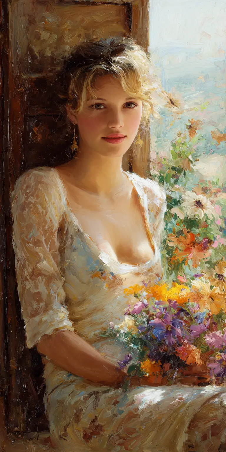 Young woman with flowers by a sunlit open window