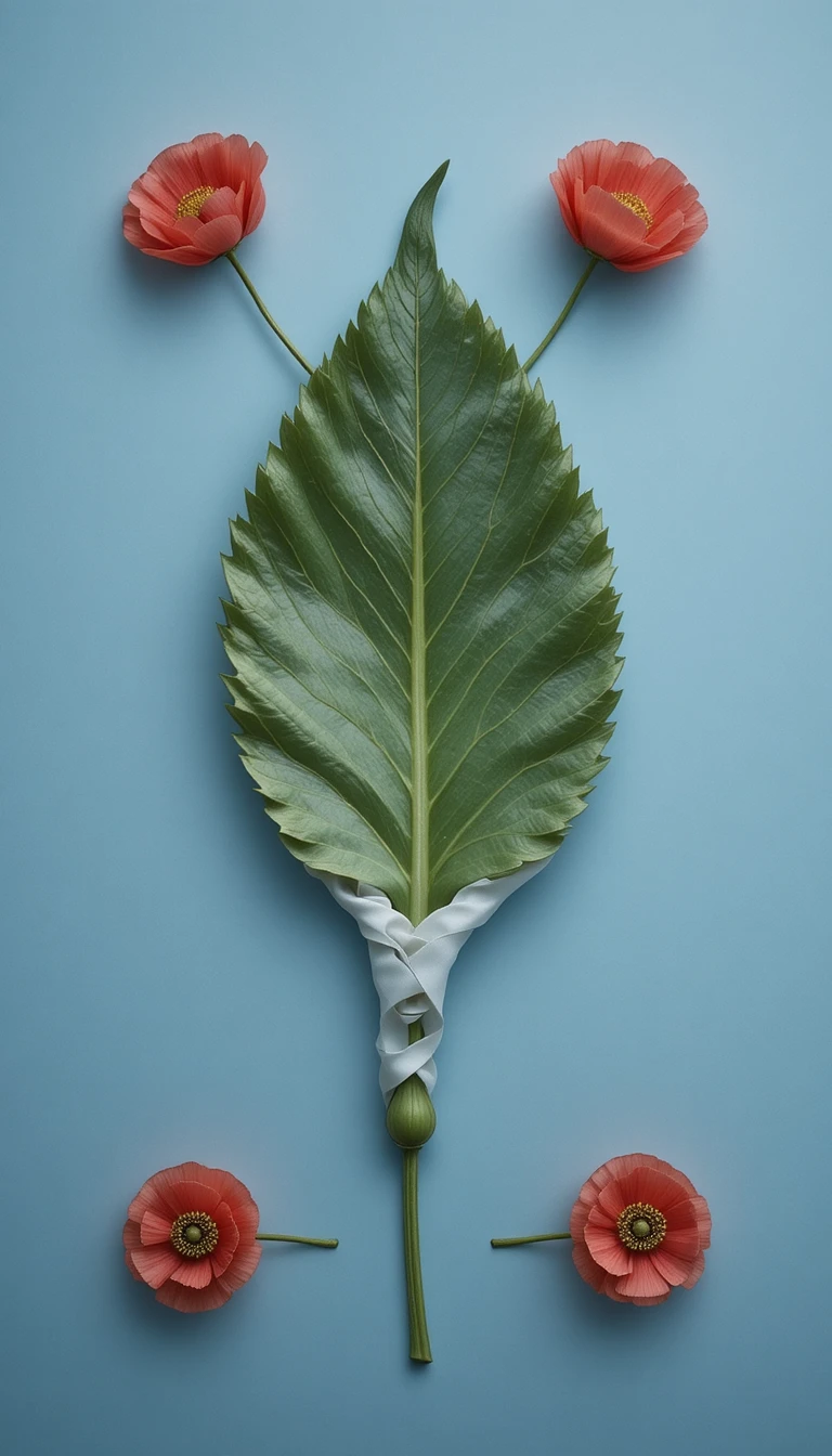 Four corner poppies around a white silk touched leaf