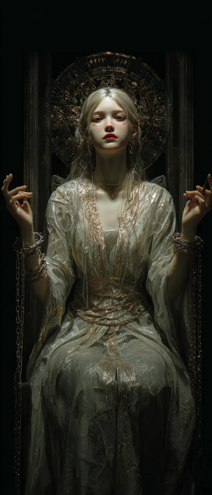 Chained royal maiden glowing softly in a dark dungeon