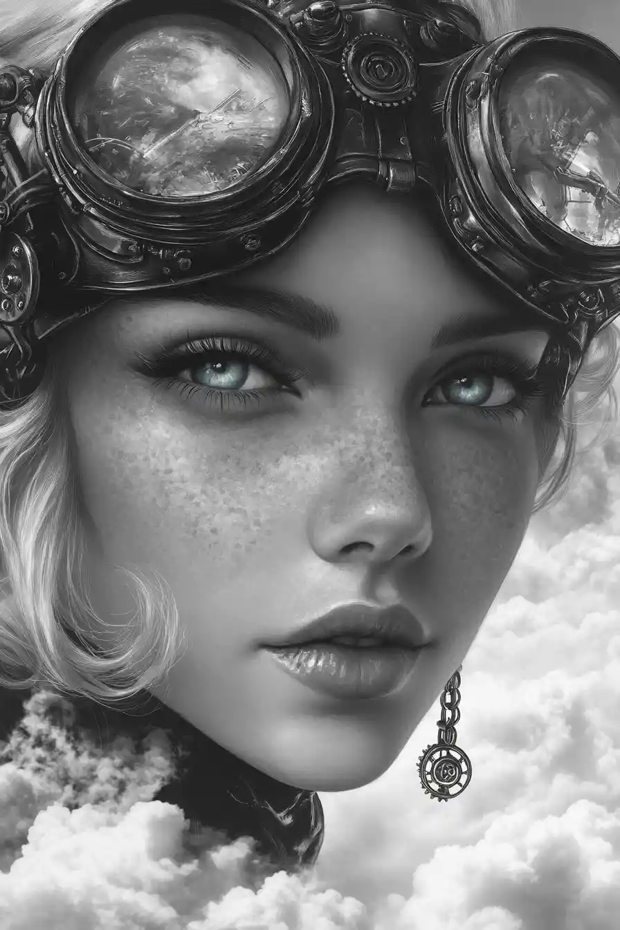 Mujer steampunk encadenada con gafas y nubes brumosas