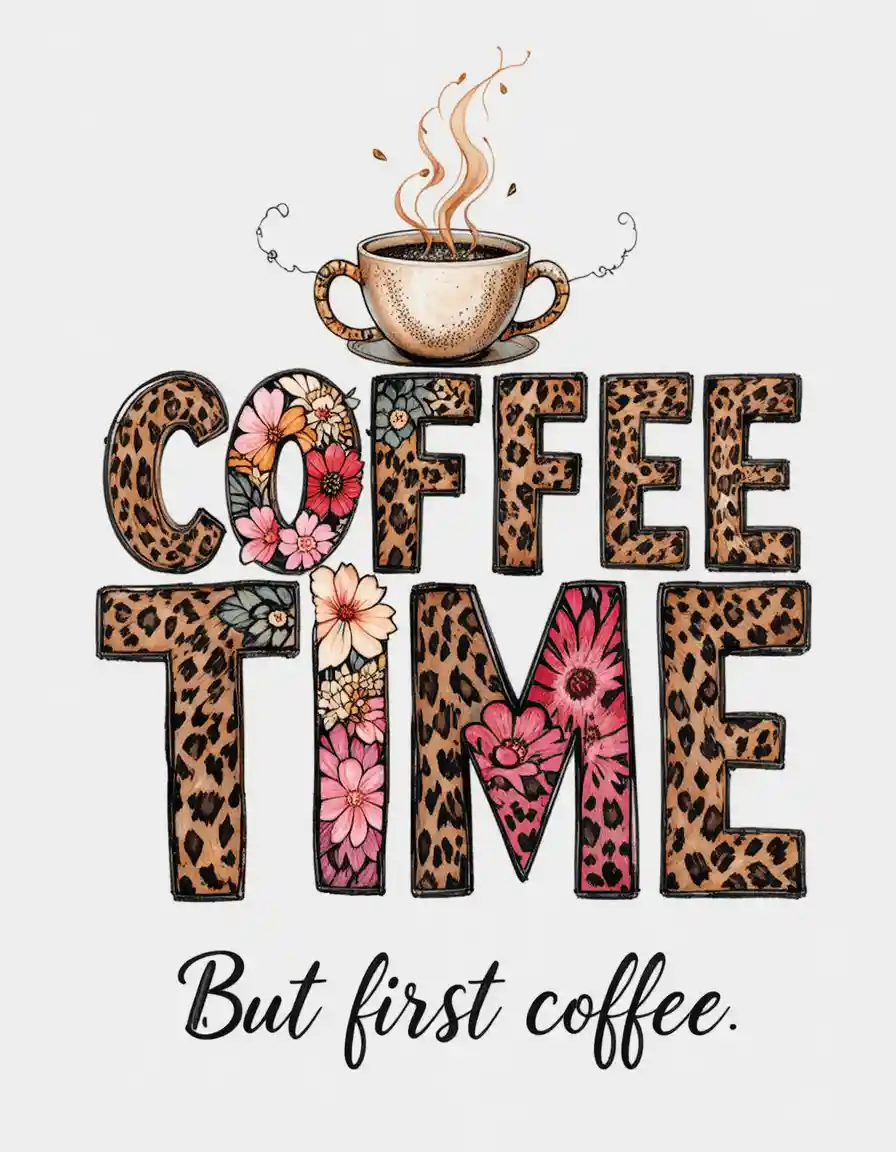 레오파드 패턴과 꽃으로 꾸민 수채화 ‘COFFEE TIME’ 텍스트