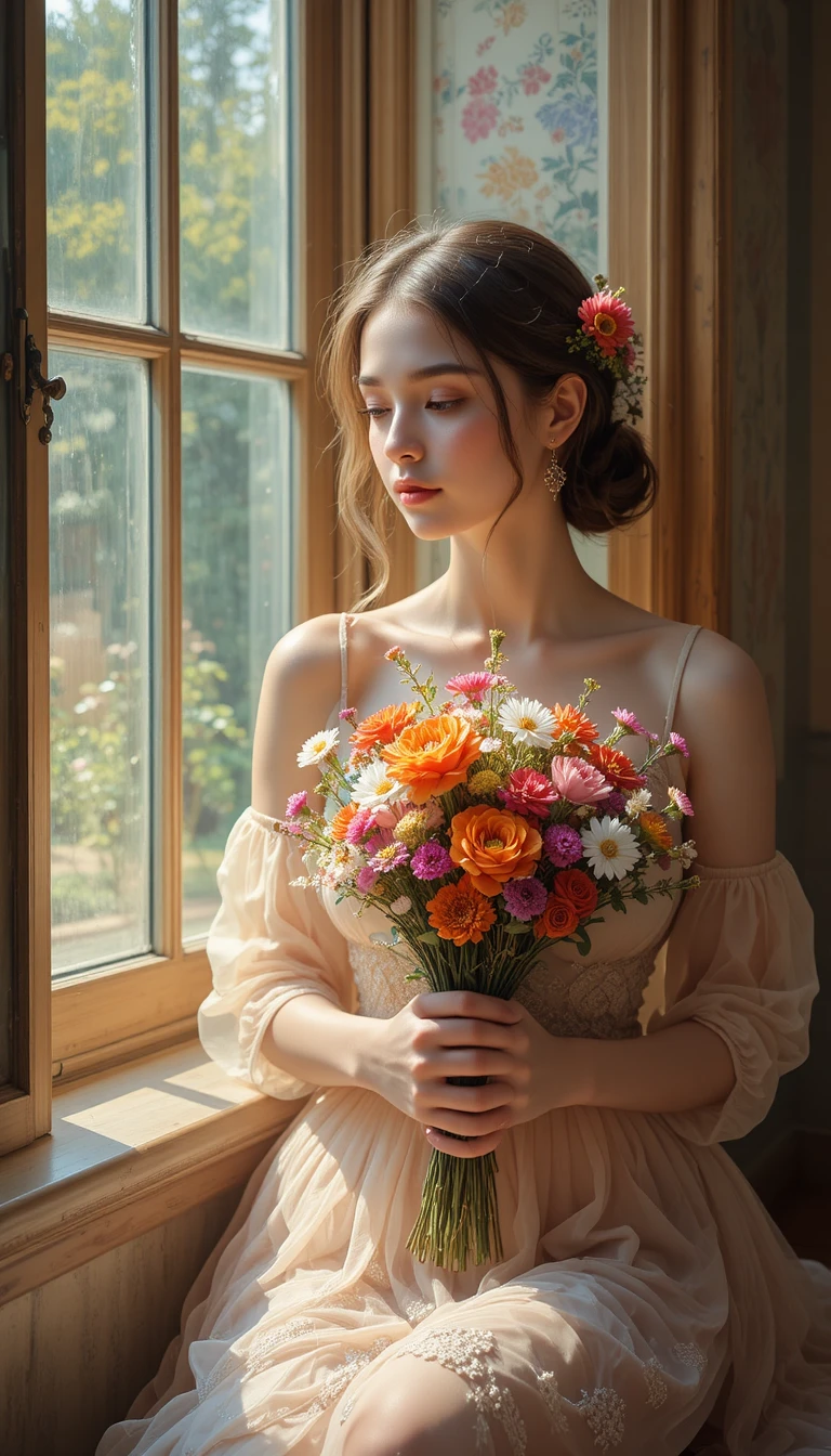 Jovem mulher à janela banhada de sol segurando flores de verão