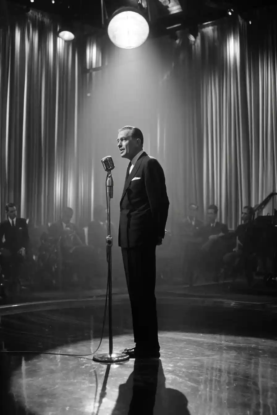 Ed Sullivan sotto un intenso riflettore da studio sul palco