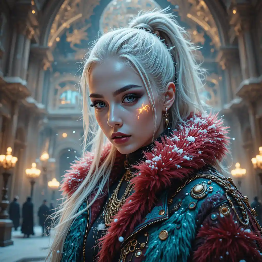 Femme haute couture devant une cathédrale de Noël atompunk futuriste